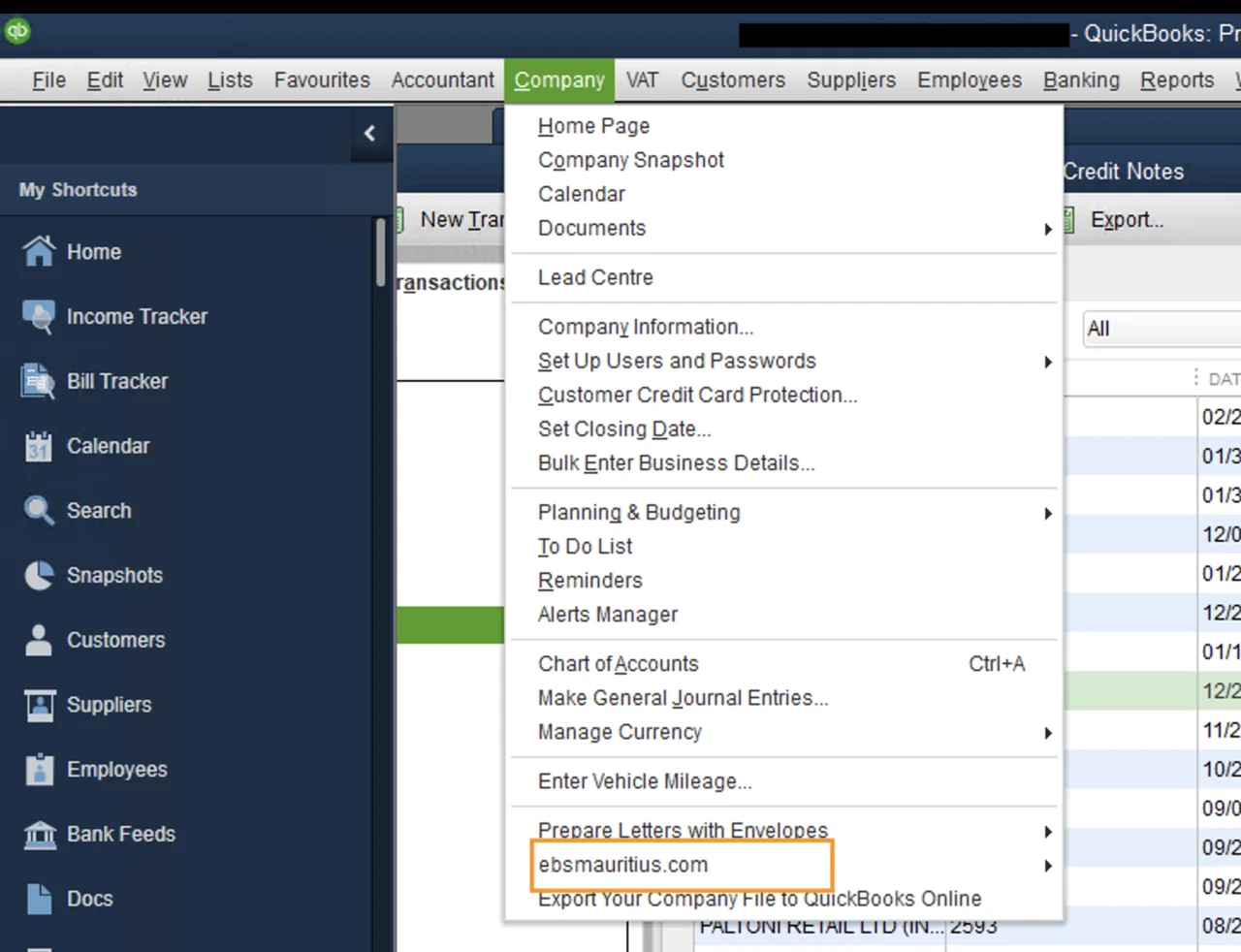QuickBooks Desktop Company menu showing the ebsmauritius.com option used for manual fiscalisation through a point-and-click workflow.